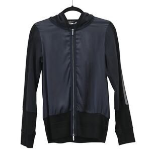 Callens Navy Blue Satin Mesh Knit Hooded Zip Up Active Jacket Size S